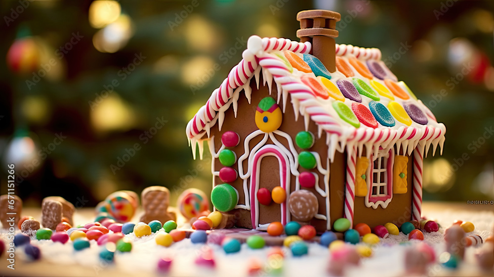 A gingerbread house with colorful candy decorations.