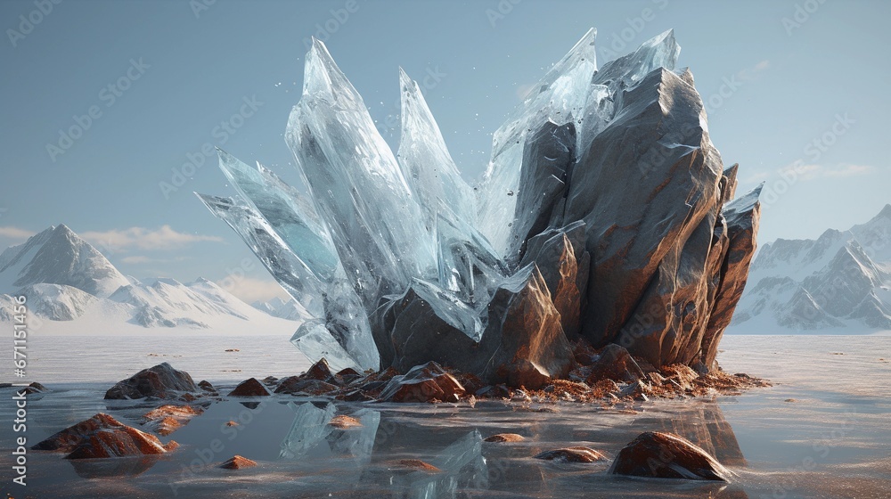 Eisformation mit Felsen in einer kargen Landschaft mit Bergen und Wasser. - obrazy, fototapety, plakaty 