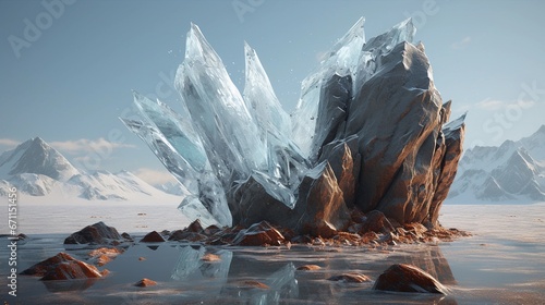 Eisformation mit Felsen in einer kargen Landschaft mit Bergen und Wasser. © Andre