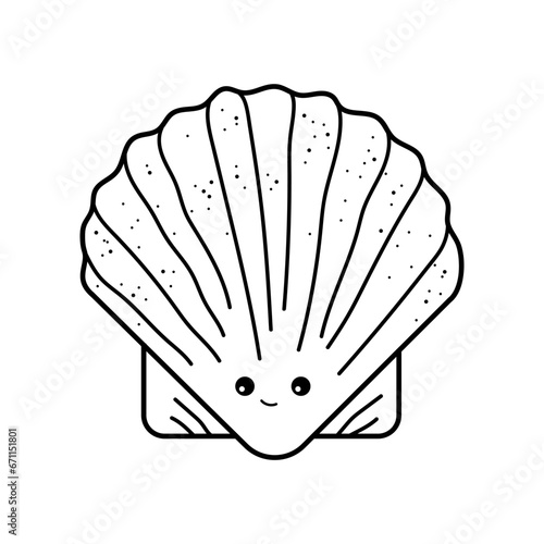 Scallop. Coloring page, coloring book page. Black and white vector illustration.