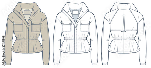 Zipped Jacket technical fashion Illustration. Cropped Trench Coat fashion flat technical drawing template, pocket, front and back view, drawstring, white,beige color, women, men, unisex CAD mockup.