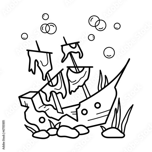 Shipwreck. Coloring page, coloring book page. Black and white vector illustration.