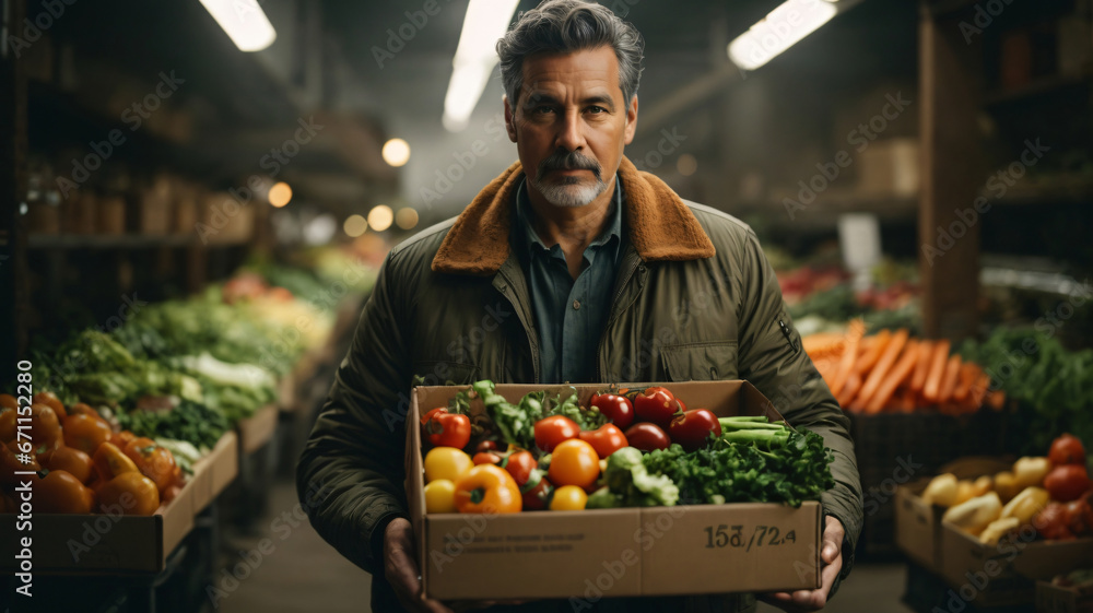 A man holding a box with fresh vegetables Generative AI A man holding a box with fresh vegetables Generative AI