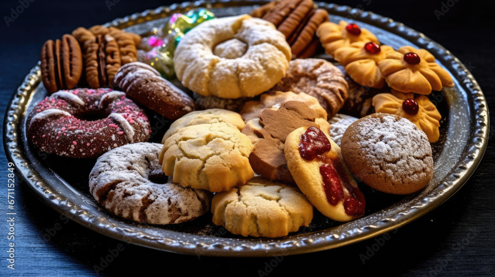 A plate of Christmas cookies in various shapes and colors.