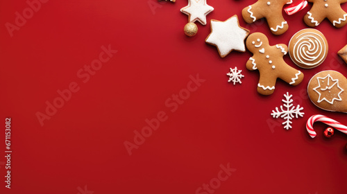 red christmas background with gingerbread men, generative ai © AIGen