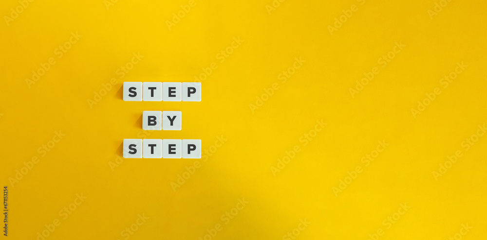 Step by Step Phrase. How To, Process, Gradual Progress. - obrazy, fototapety, plakaty 