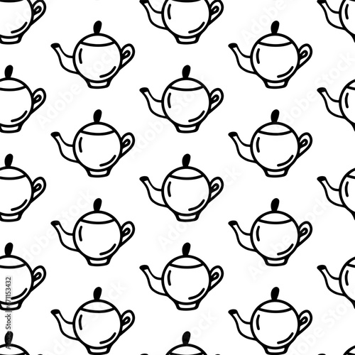 Teapot seamless pattern. Doodle pattern with teapots isolated on white background. Teapot wrapper and wallpaper for gift, caffe or restaurant decoration, tea's party. Concept International Tea Day
