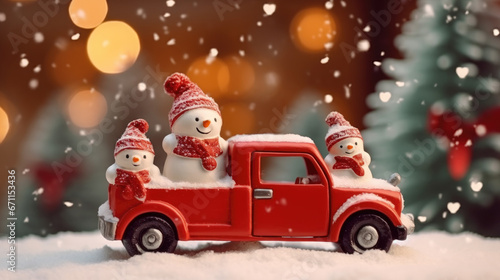 christmas snowmen in a red toy car  generative ai