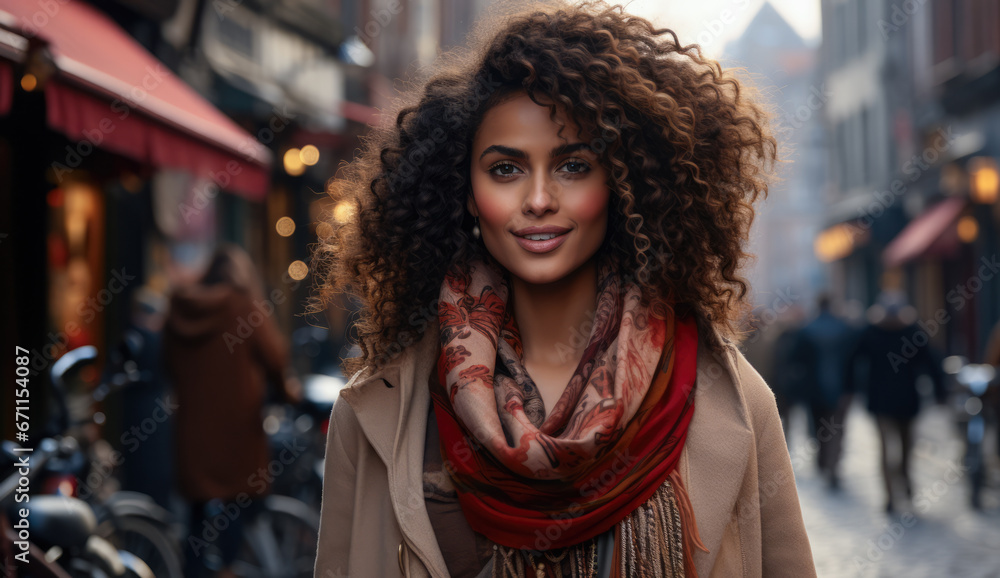 Young African American woman on a winter holiday exploring the city streets. Young African American woman on a winter holiday exploring the city streets.