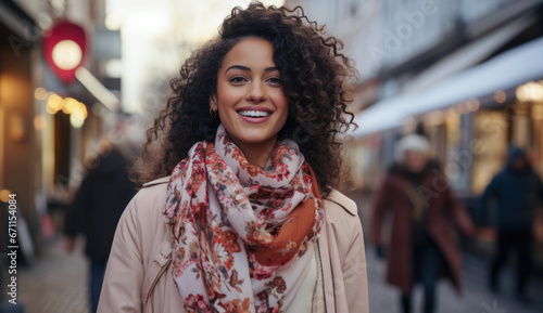 Young African American woman on a winter holiday exploring the city streets.