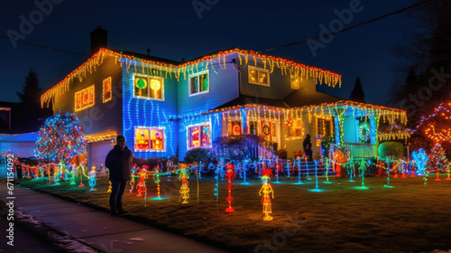 A family decorating their house with colorful Christmas lights.