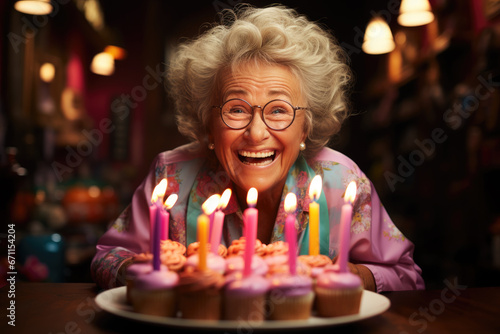 elderly woman holding birthday cake, generative ai