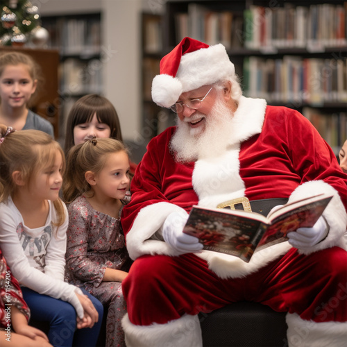 Santa Claus with a book sits in a chair and reads a book to children in a bookstore decorated for Christmas. Christmas and New Year concept