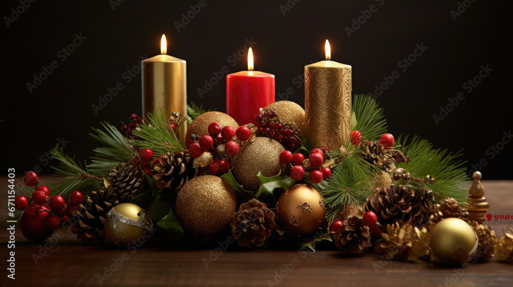 A festive holiday centerpiece with candles and ornaments.