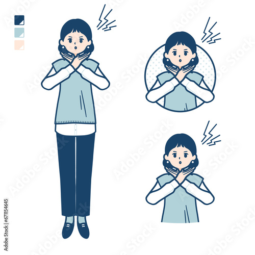 ニットベスト女性が腕でばってんを作っているイラスト