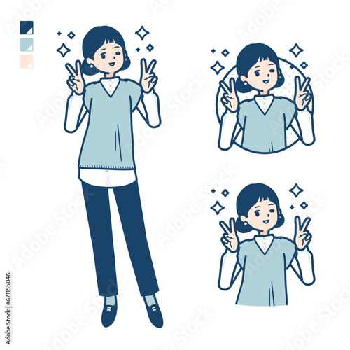 ニットベスト女性がピースサインをしているイラスト