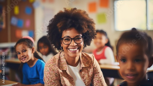 Portrait of smiling black female teacher in a class at elementary school looking at camera with learning. generative ai