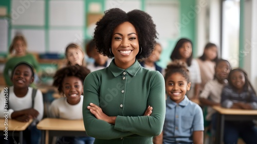 Portrait of smiling black female teacher in a class at elementary school looking at camera with learning. generative ai