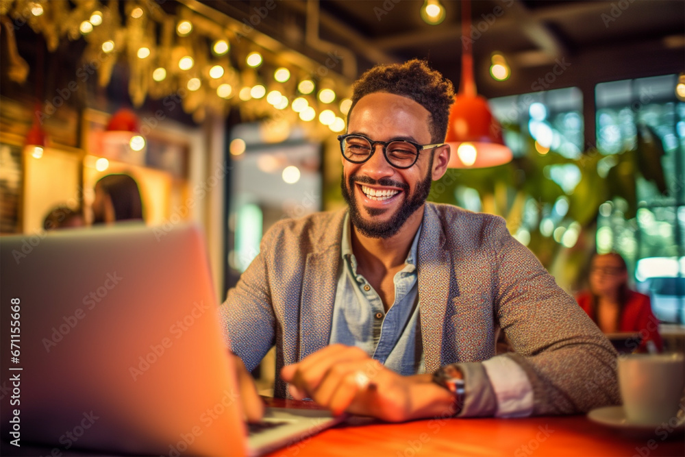 Obraz premium A young man works on a laptop using the Internet in a cafe and smiles.