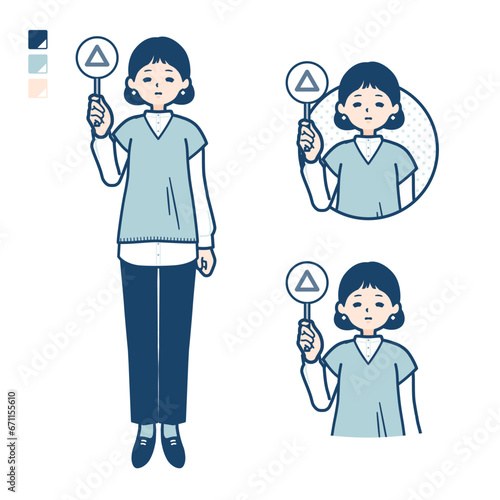 ニットベスト女性が三角印パネルを出すイラスト