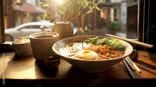bowl of miso ramen on a restaurant table photo
