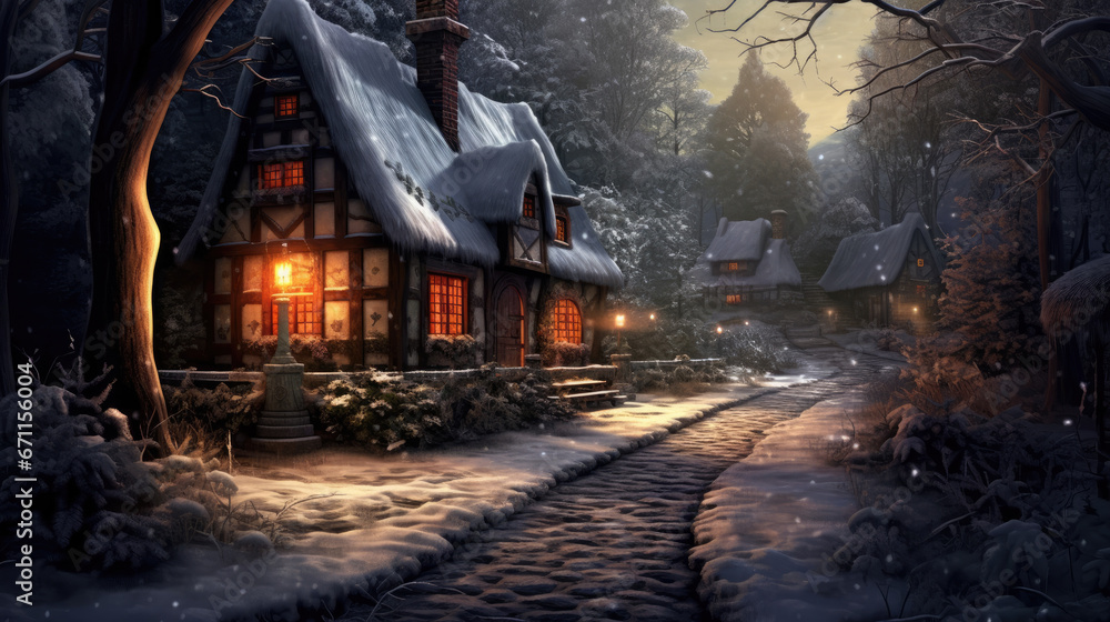 A snowy forest with a path leading to a quaint cottage covered in lights.