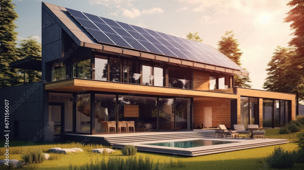 A house with solar panels on the roof. Concept of Sustainable and clean energy at home. A house with solar panels on the roof. Concept of Sustainable and clean energy at home.