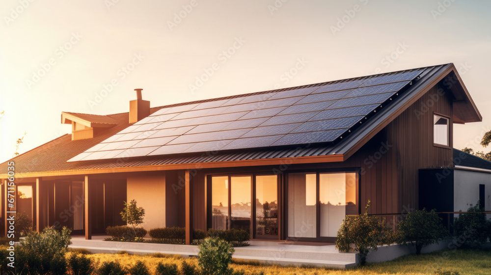 A house with solar panels on the roof. Concept of Sustainable and clean energy at home.