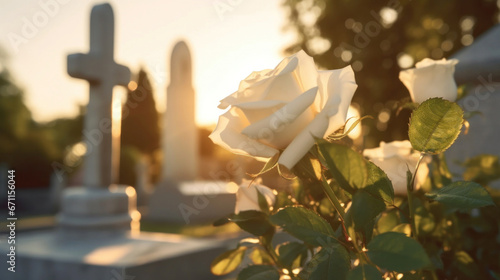 Beautiful white rose on Catholic cemetery with a grave marker and cross engraved on it. Funeral concept.