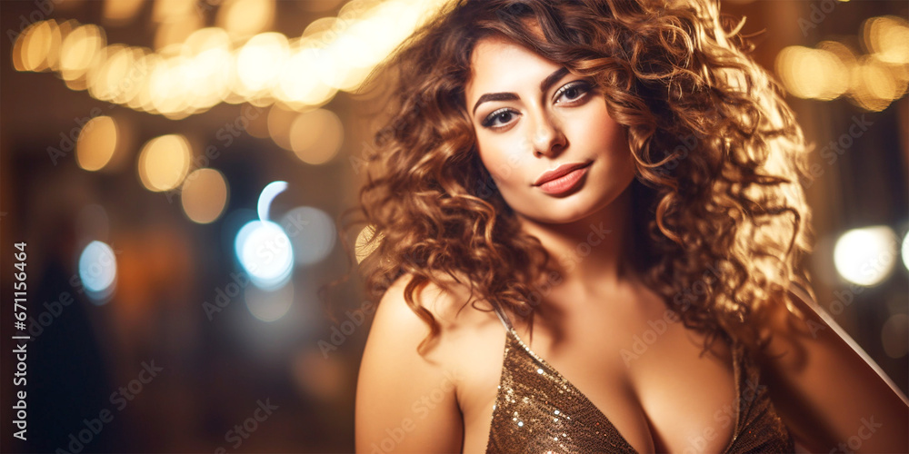 beautiful plus size woman posing in glittering New Year party dress beautiful plus size woman posing in glittering New Year party dress