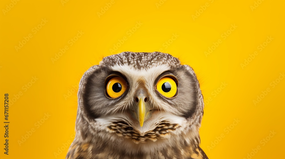 Fototapeta premium A young owl or owlet portrait in a yellow studio. AI Generated. This image evokes surprise, suspicion, questioning, and knowledge through the use of the owl's huge eyes and curious personality.