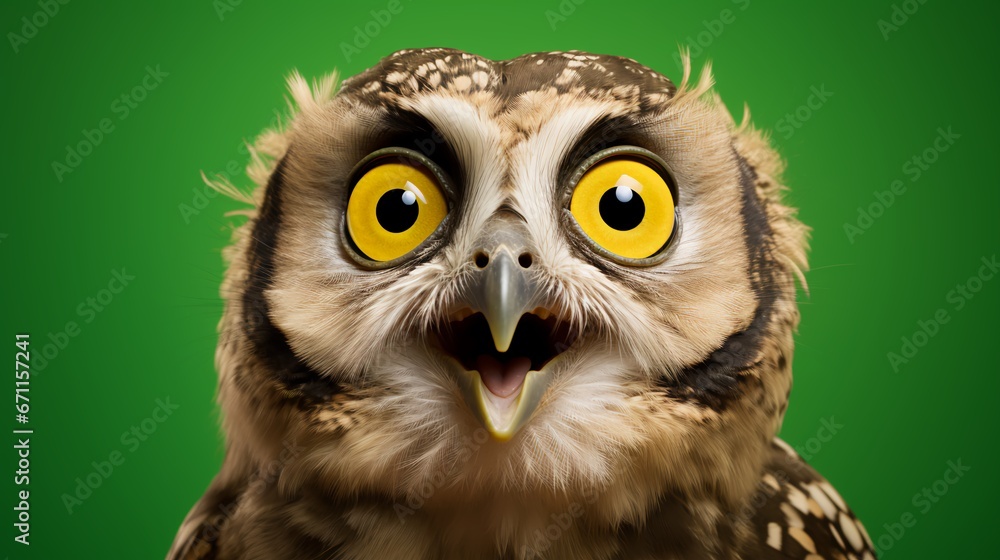 Fototapeta premium A wise old owl portrait in a green studio. AI Generated. This image evokes surprise, suspicion, questioning, and knowledge through the use of the owl's huge eyes and curious personality.