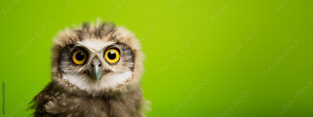 Fototapeta premium A young owl or owlet portrait in a green studio. AI Generated. This image evokes surprise, suspicion, questioning, and knowledge through the use of the owl's huge eyes and curious personality.