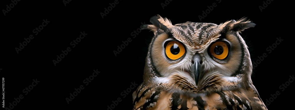 A wise old owl portrait in a dark studio. AI Generated. This image evokes surprise, suspicion, questioning, and knowledge through the use of the owl's huge eyes and curious personality. - obrazy, fototapety, plakaty 