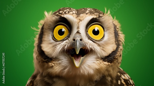 A wise old owl portrait in a green studio. AI Generated. This image evokes surprise, suspicion, questioning, and knowledge through the use of the owl's huge eyes and curious personality.