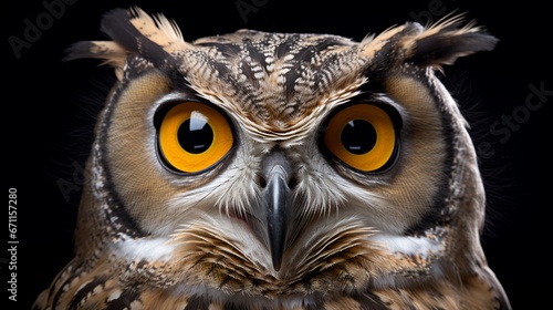 A wise old owl portrait in a dark studio. AI Generated. This image evokes surprise, suspicion, questioning, and knowledge through the use of the owl's huge eyes and curious personality.