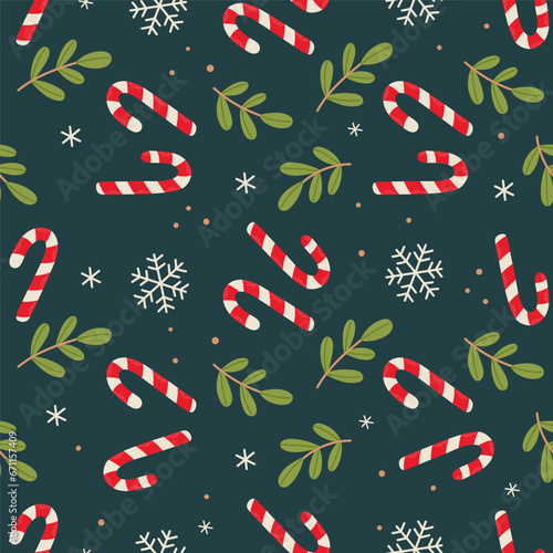Seamless Christmas pattern with candy cane winter plants and snowflakes.