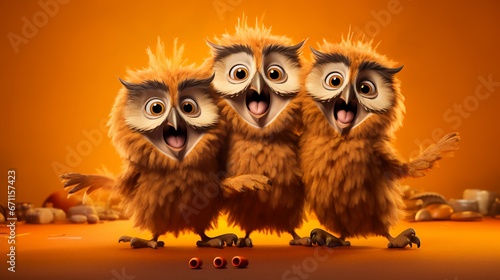A trio of owls singing. Looks like they could be singing in barbershop quartet style, animated owls, computer 3D, and Character animation achieved by AI Generated.