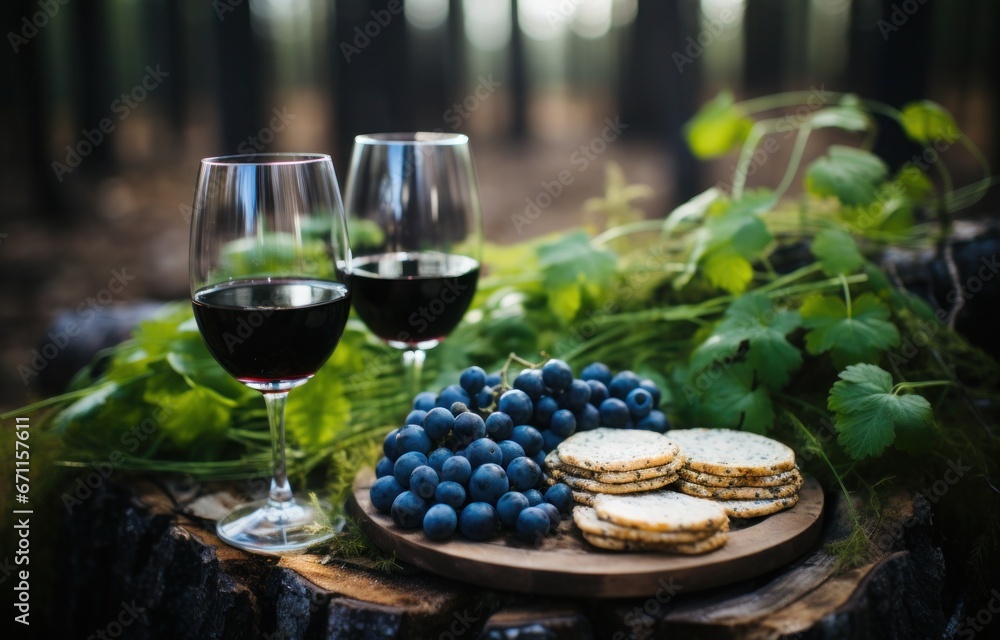 Enjoy a serene moment in nature with two glasses of wine, accompanied by some crackers and grapes placed on a log in the forest