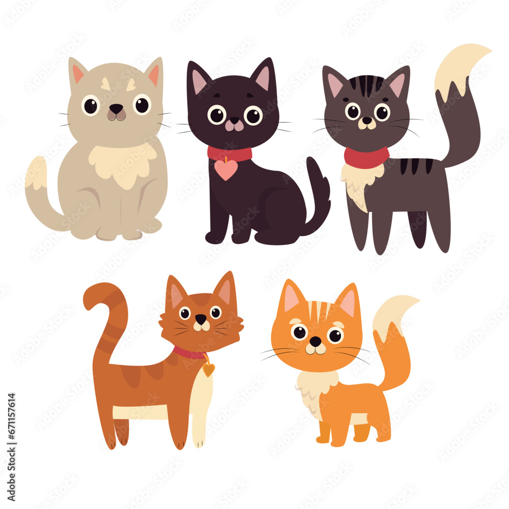 Cute cats vector set. Cartoon cats and kittens characters design collection with flat color in different poses. Set of funny pet animals isolated on white background. Cute cats vector set. Cartoon cats and kittens characters design collection with flat color in different poses. Set of funny pet animals isolated on white background.