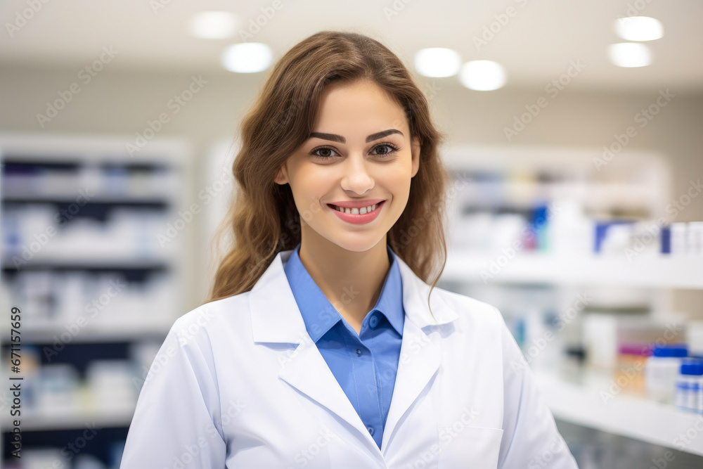 Attractive Girl in Pharmacy Background