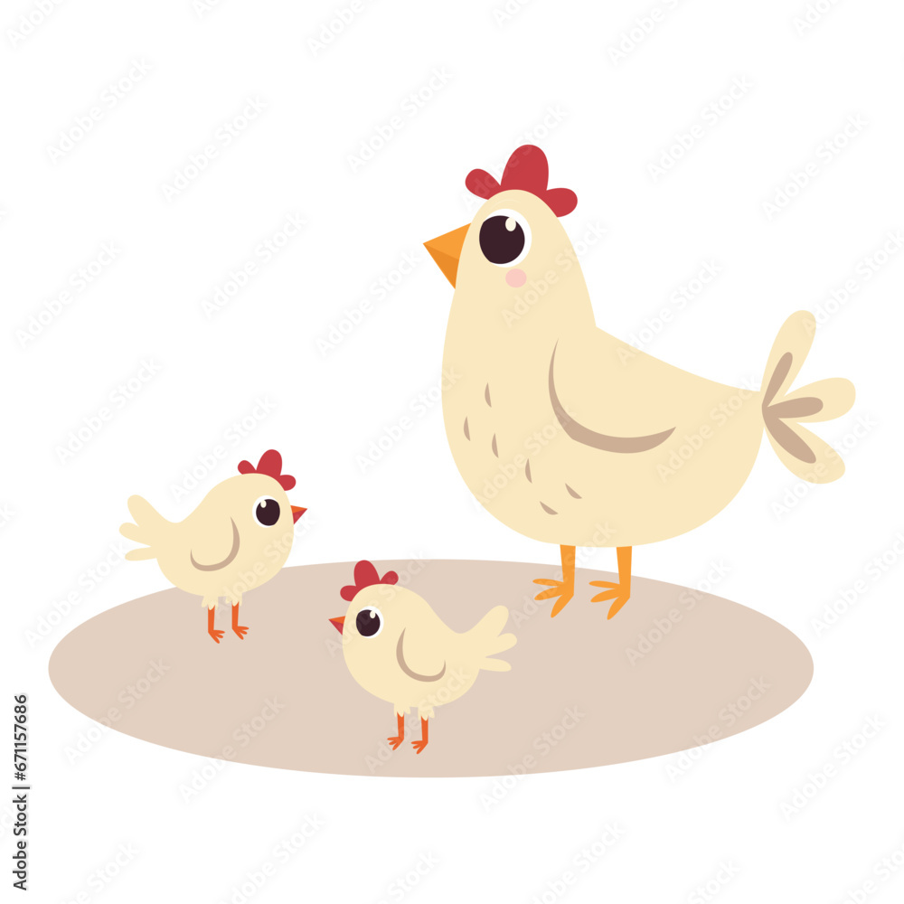 chicken vector set. Cartoon hen with chicks characters design collection with flat color in different poses. Set of funny pet animals isolated on white background.