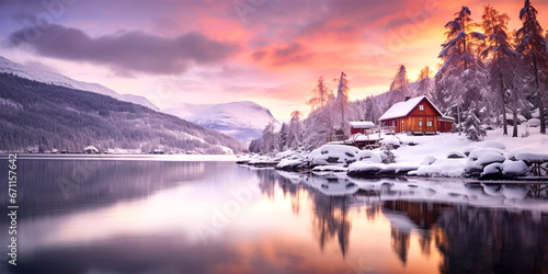 amazing winter sunset panorama with little house by lake surrounded by snowy forest © Melinda Nagy