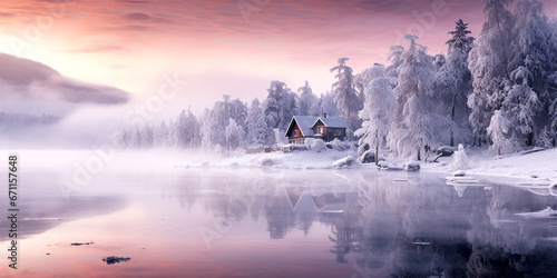 amazing winter sunset panorama with little house by lake surrounded by snowy forest photo