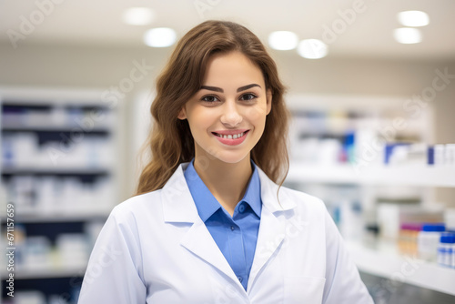 Attractive Girl in Pharmacy Background