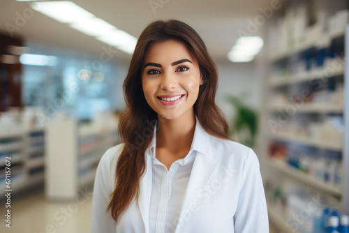 Female Pharmacist Posing in Pharmacy Setting