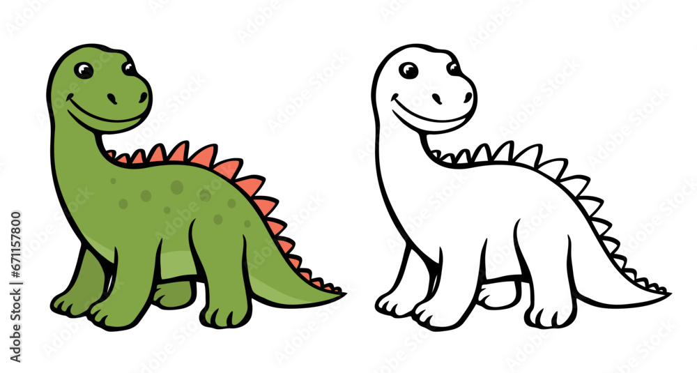 Obraz premium Cute cartoon young dinosaur. Green brontosaurus. Cartoon vector isolated clipart illustration. Hand drawn line. Black and color. Coloring page for kids
