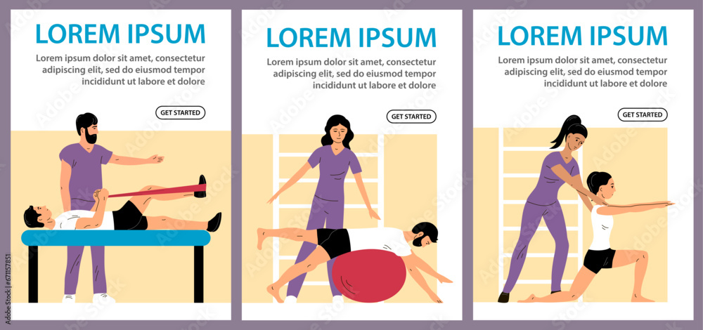 Physical rehabilitation clinic. Young man and woman patient doing exercises. Physiotherapist helps. Therapy and recovery. Set poster website. Flat vector illustration Physical rehabilitation clinic. Young man and woman patient doing exercises. Physiotherapist helps. Therapy and recovery. Set poster website. Flat vector illustration