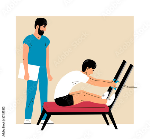 Physical rehabilitation clinic. Man patient doing exercises under the supervision of a doctor. Therapy and recovery. Flat vector illustration