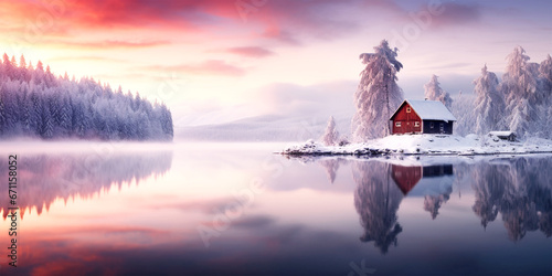 amazing winter sunset panorama with little house by lake surrounded by snowy forest photo